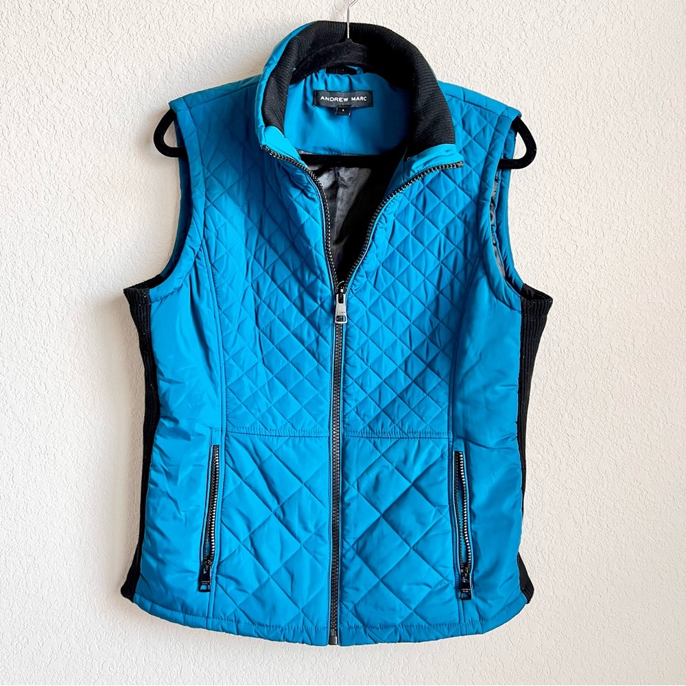 ANDREW MARC Full Zip Up Quilted Women’s Puffer Vest Turquoise Black Size Large